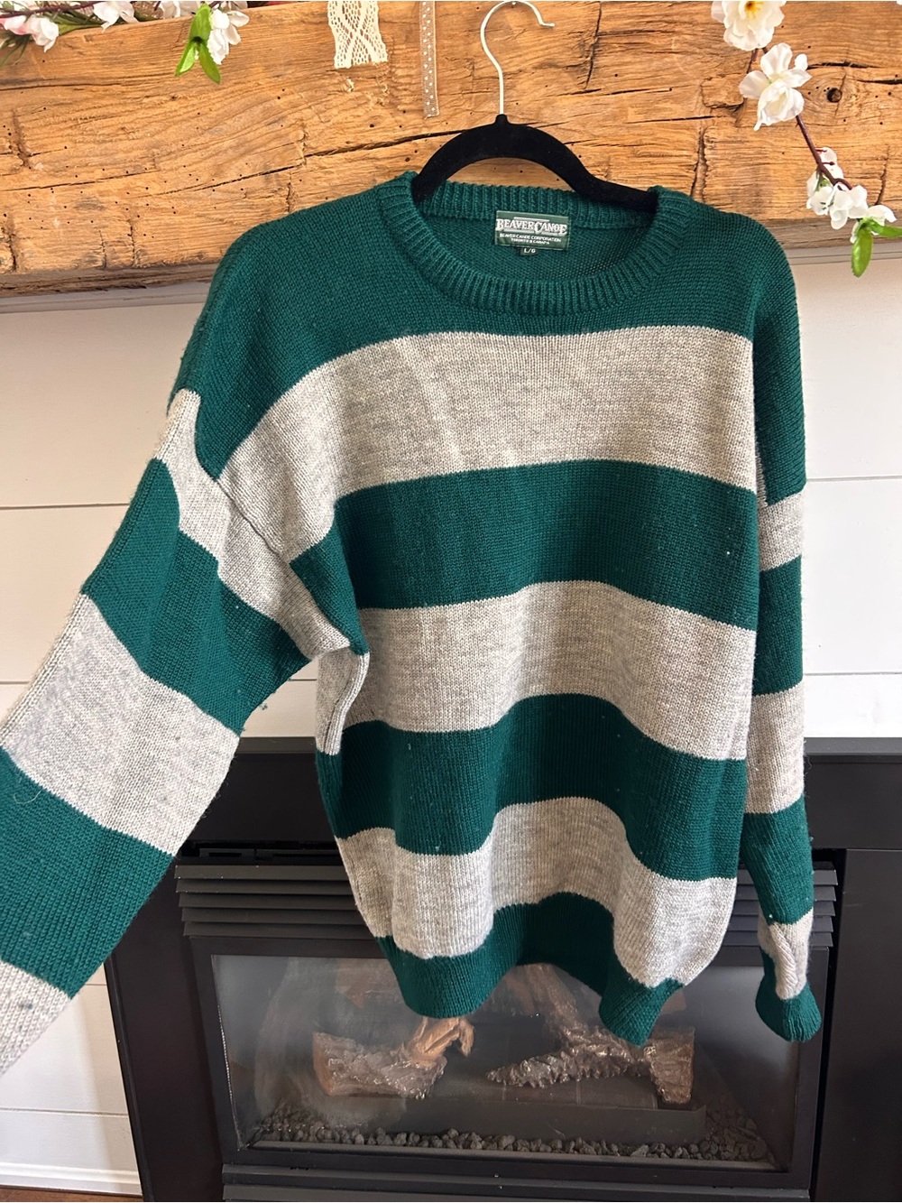 Vintage Beaver Canoe Green & Gray Striped Knit Sweater